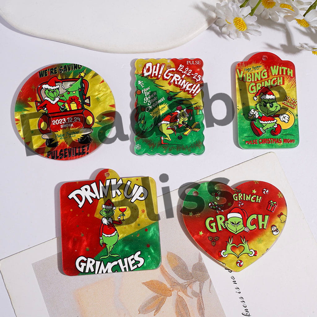 Christmas Green Character Series Acrylic for Charms or Pendants, Green Red Yellow Tone, Random Mix