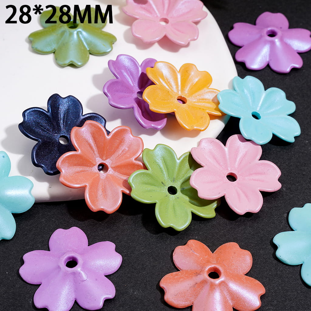 UV Coated Lustrous Pearl Finish Vibrant Flower-Shaped Acrylic Beads 28*28MM, Multi-Color, Random Mix
