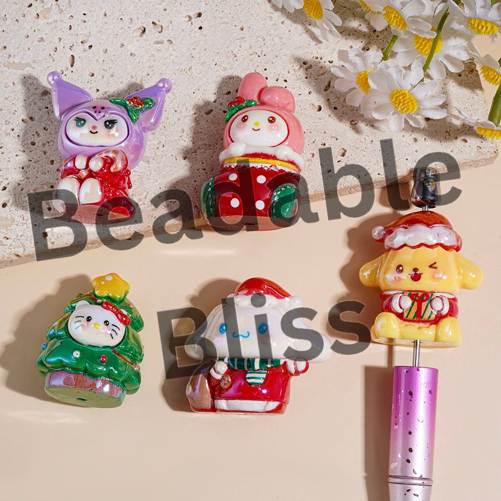 Acrylic Beads UV Coating Adorable Character in Christmas Costume, 33MM-42MM, Random Mix