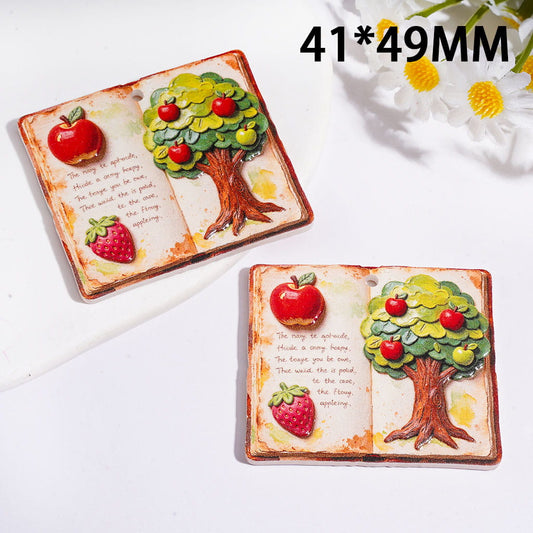 Vintage Storybook Apple Tree Printed Rectangle Acrylic Pendant, 41*49MM