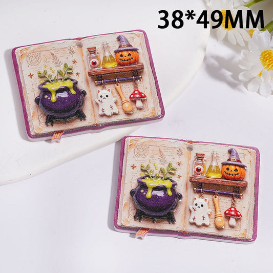 Vintage Halloween Magic Book Acrylic Pendant with Pumpkin, Ghost & Mushroom, 38×49MM