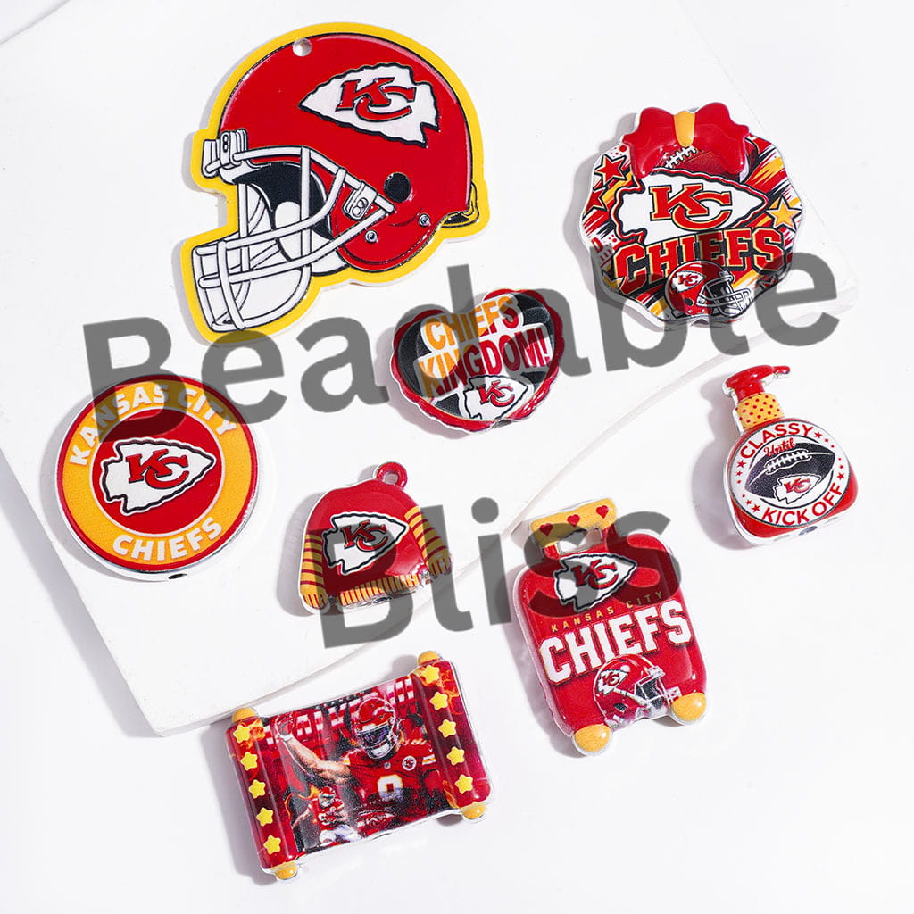 Acrylic Beads and Pendants KC Football Series, Silver Border, Random Mix