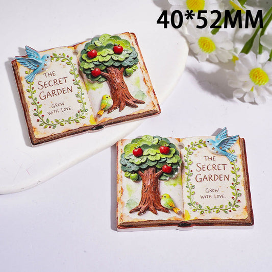 Vintage Storybook Printed "The Secret Garden Grow with Love" Acrylic Pendant with Apple Tree & Birds, 40*52MM