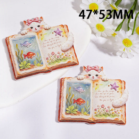 Cute White Kitten with Aquarium Fish & Marine Biology Educational Book Acrylic Pendant, 47*53MM