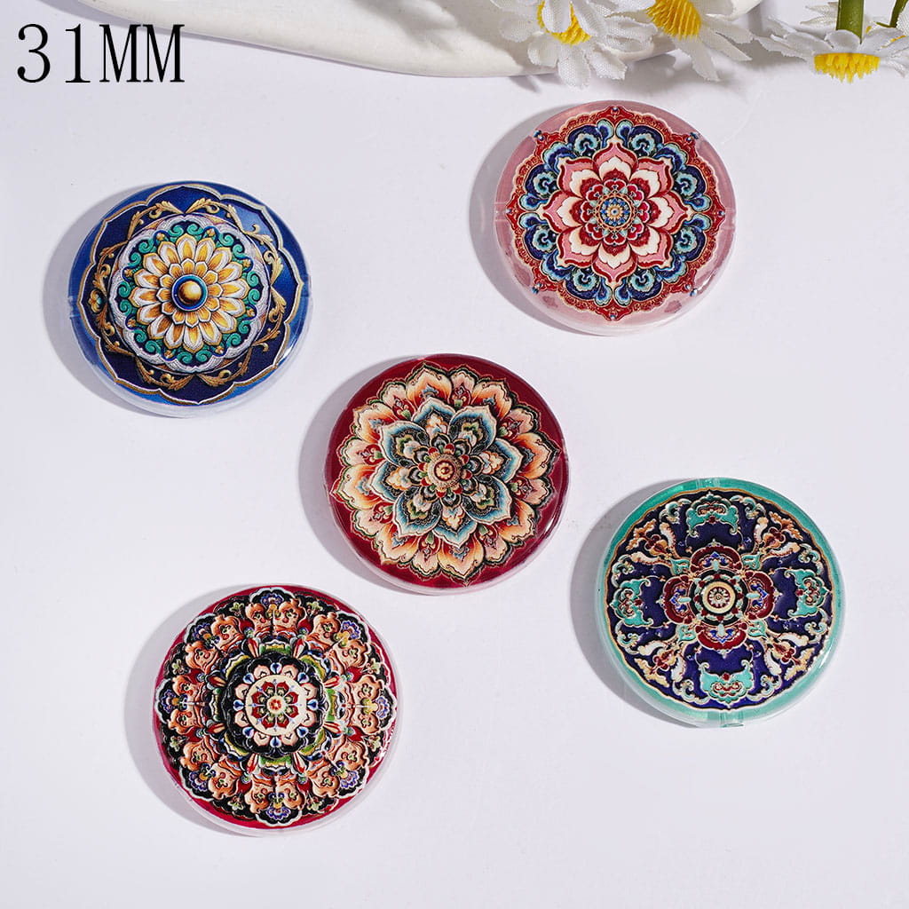 Chinese-Inspired Dunhuang Lotus Acrylic Beads, Flat Round Shape, 31MM Random Mix Multi-Color