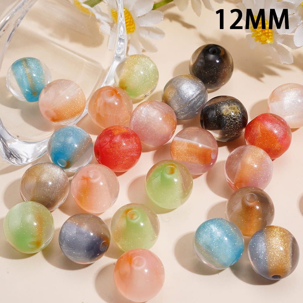 Semi-Transparent Golden Core Glitter Lustrous Finish Round Acrylic Beads for Bracelets 12MM, Random Mix