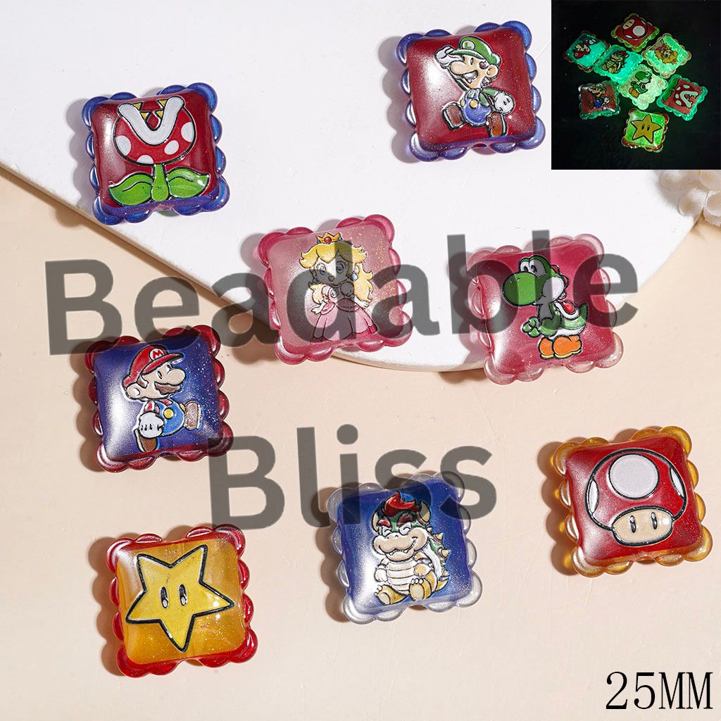 Luminous Acrylic Beads Game Theme Plumber Character Print, Wavy Edged Flat Square Shape, 25MM, Multi-Color Random Mix