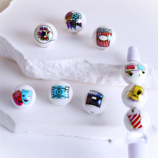 Movie Film White Round UV Coating Acrylic Beads, 16MM, Random Mix