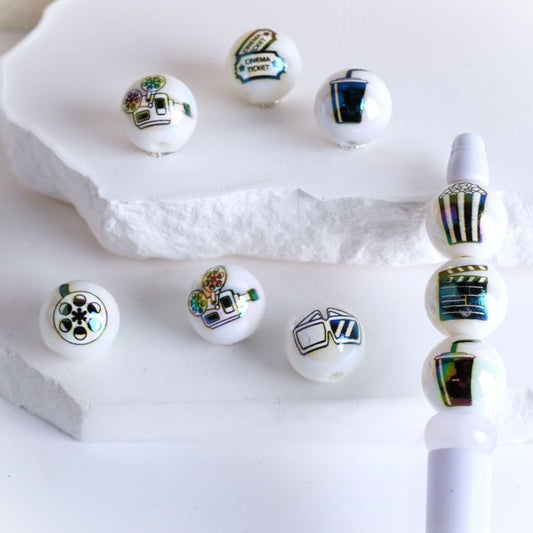 Movie Film Cinema White Round UV Coating Acrylic Beads, 16MM, Random Mix
