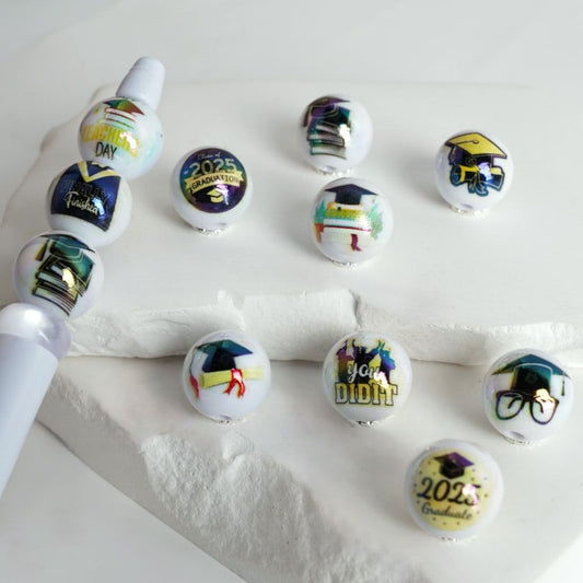 White Round UV Coating 2025 Graduation Acrylic Beads, 16MM, Random Mix