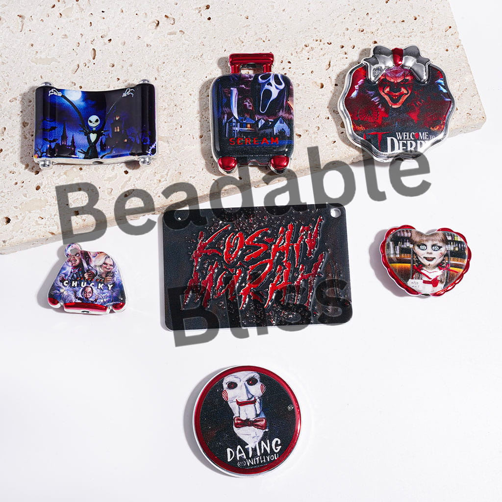 Acrylic Beads and Pendants with Horror Character, Silver Border, Random Mix