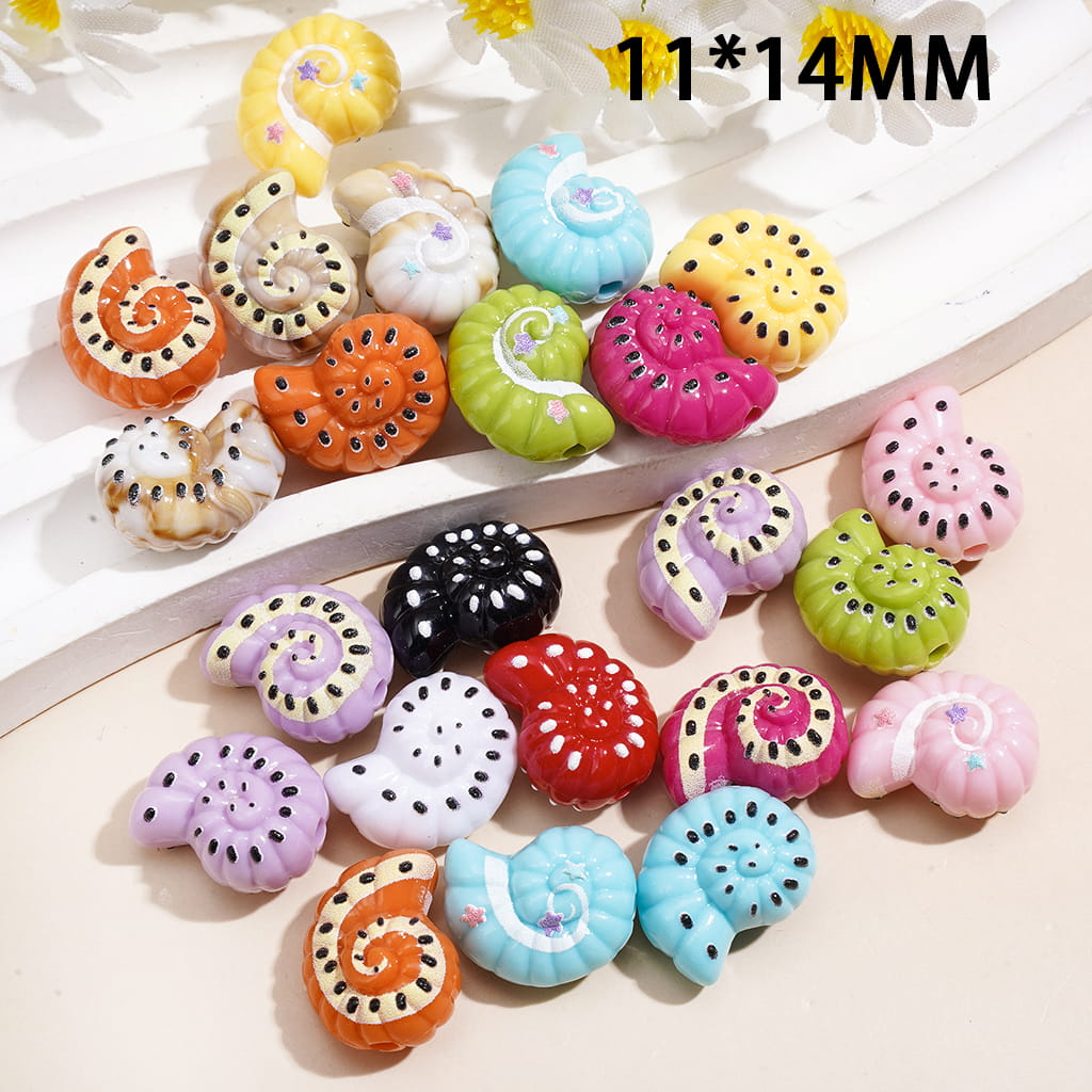 Glossy Vibrant Colorful Spiral Ocean Snail Shell with Black Dotted Pattern Acrylic Beads, 11*14MM, Random Mix