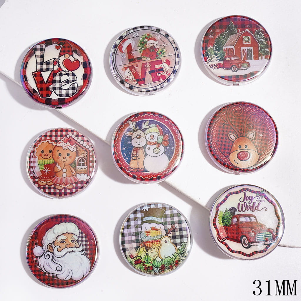 UV Coating Christmas Acrylic Beads, Gingerbread House Car Snowman Deer Santa Claus Patterns, 31MM, Flat Round Shape, Random Mix