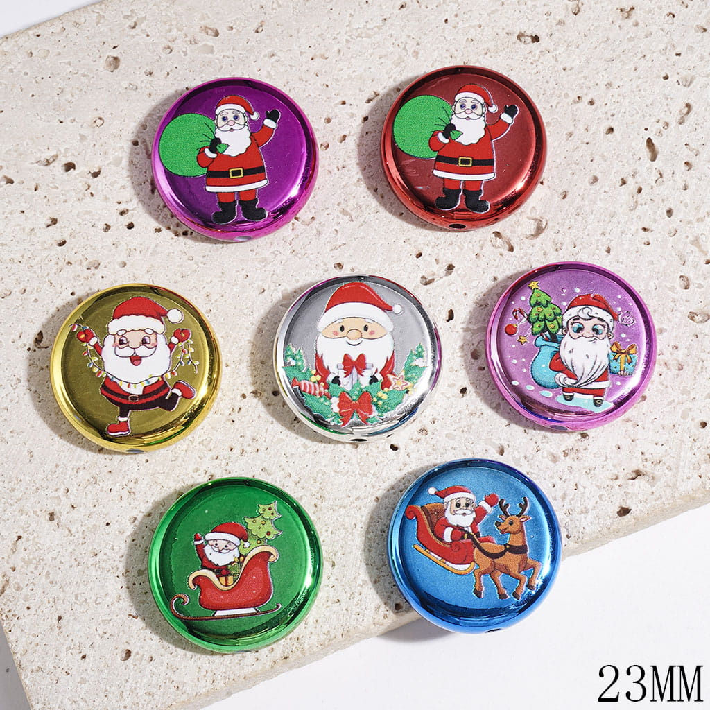 Christmas Santa Series Acrylic Beads, 23MM, Metallic Color, Flat Round Shape, Random Mix