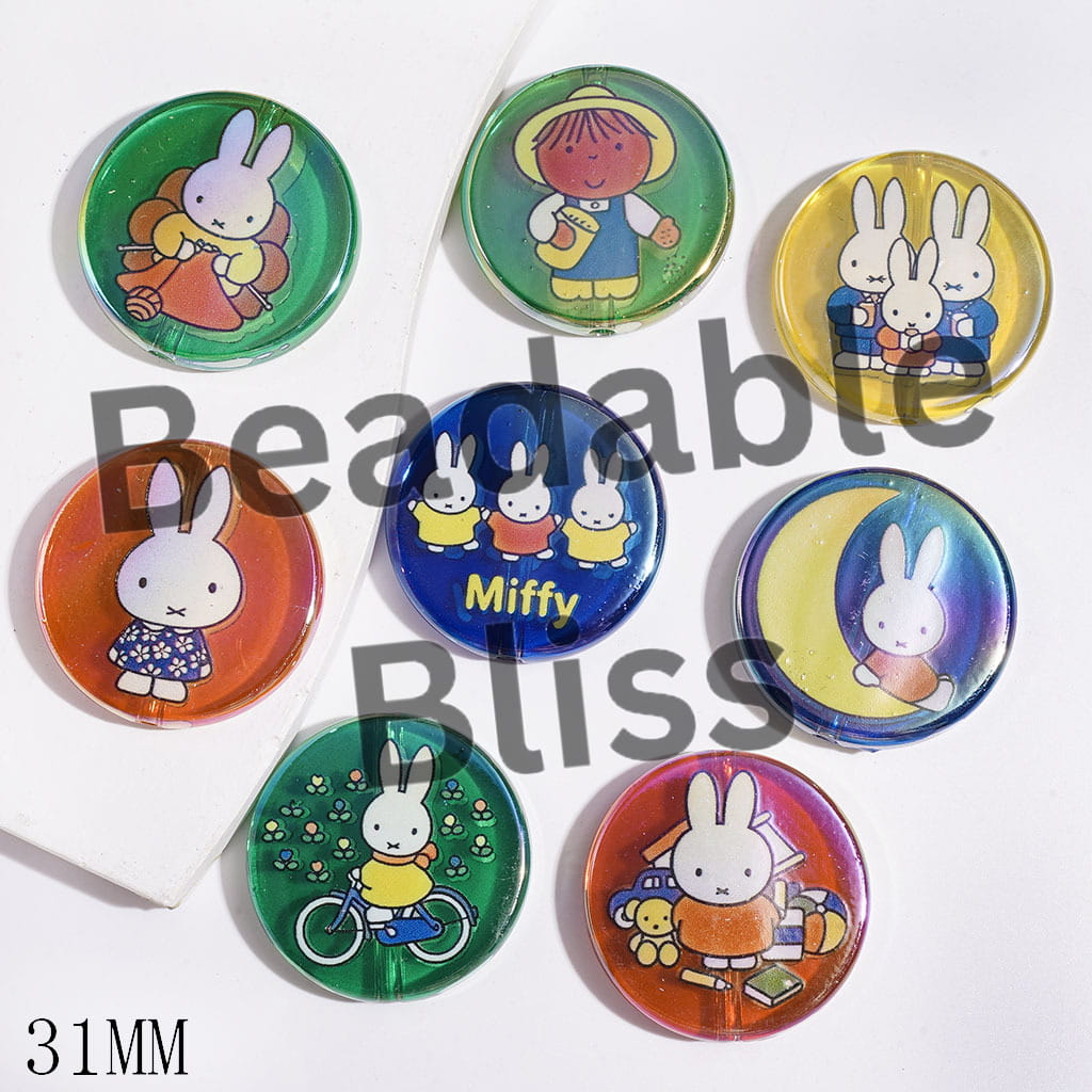 Acrylic Beads UV Coated with Classic White Bunny Character, Family Series, 31MM, Semi-Clear, Flat Round Shape, Random Mix