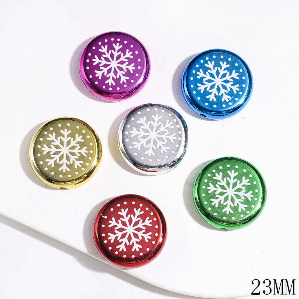 Winter Snowflake Pattern Metallic-Finish Flat Round Acrylic Beads, 16MM, Multi-Color, Random Mix