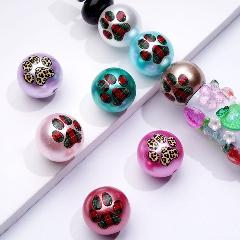 Paw Prints Glossy Cute Colorful Round Acrylic Beads, 16MM, Random Mix
