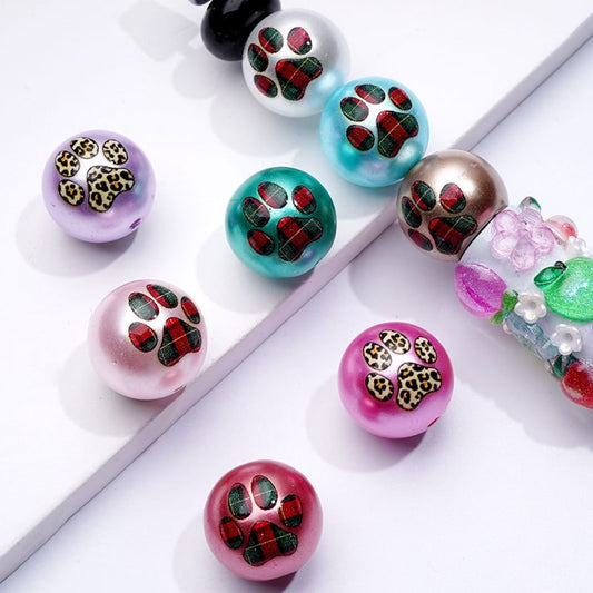 Paw Prints Glossy Cute Colorful Round Acrylic Beads, 16MM, Random Mix