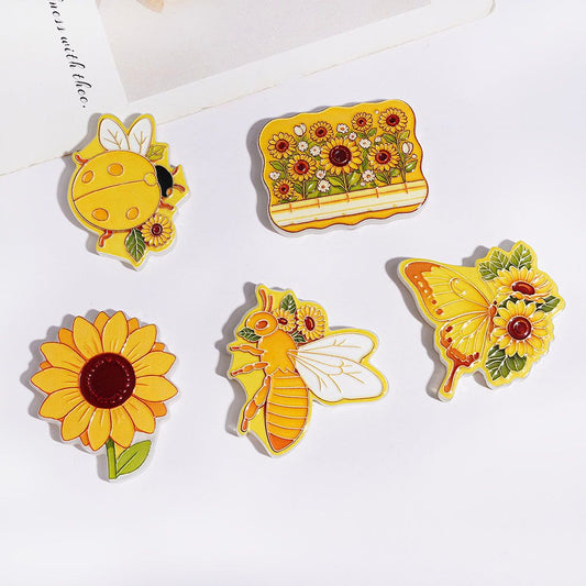 Cheerful Sunflower Garden with Ladybug, Bee & Butterfly Designs, Light Yellow Acrylic Beads, Random Mix
