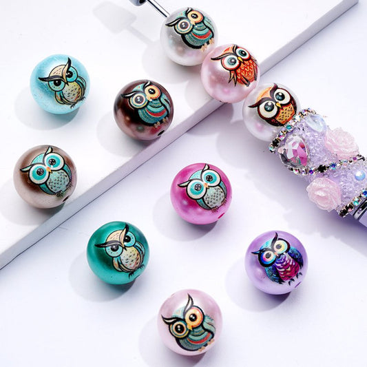 Colorful Cute Owls Birds Glossy Round Acrylic Beads, 16MM, Random Mix