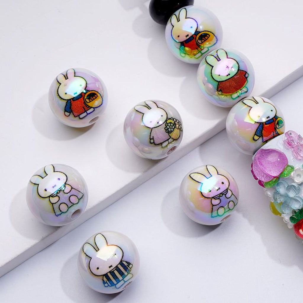UV Coating Rabbit Cute Bunny Miff White Round Acrylic Beads, 16MM, Random Mix