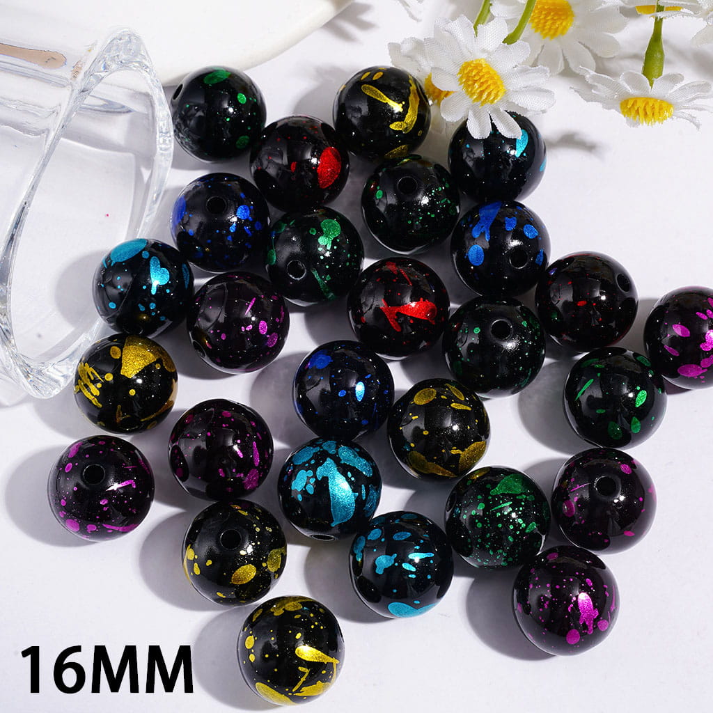Glitter & Splash-Ink Spots Effect Black Acrylic Beads for Bracelets & Necklaces, Colorful Paint Design, 16MM, Multicolor, Random Mix