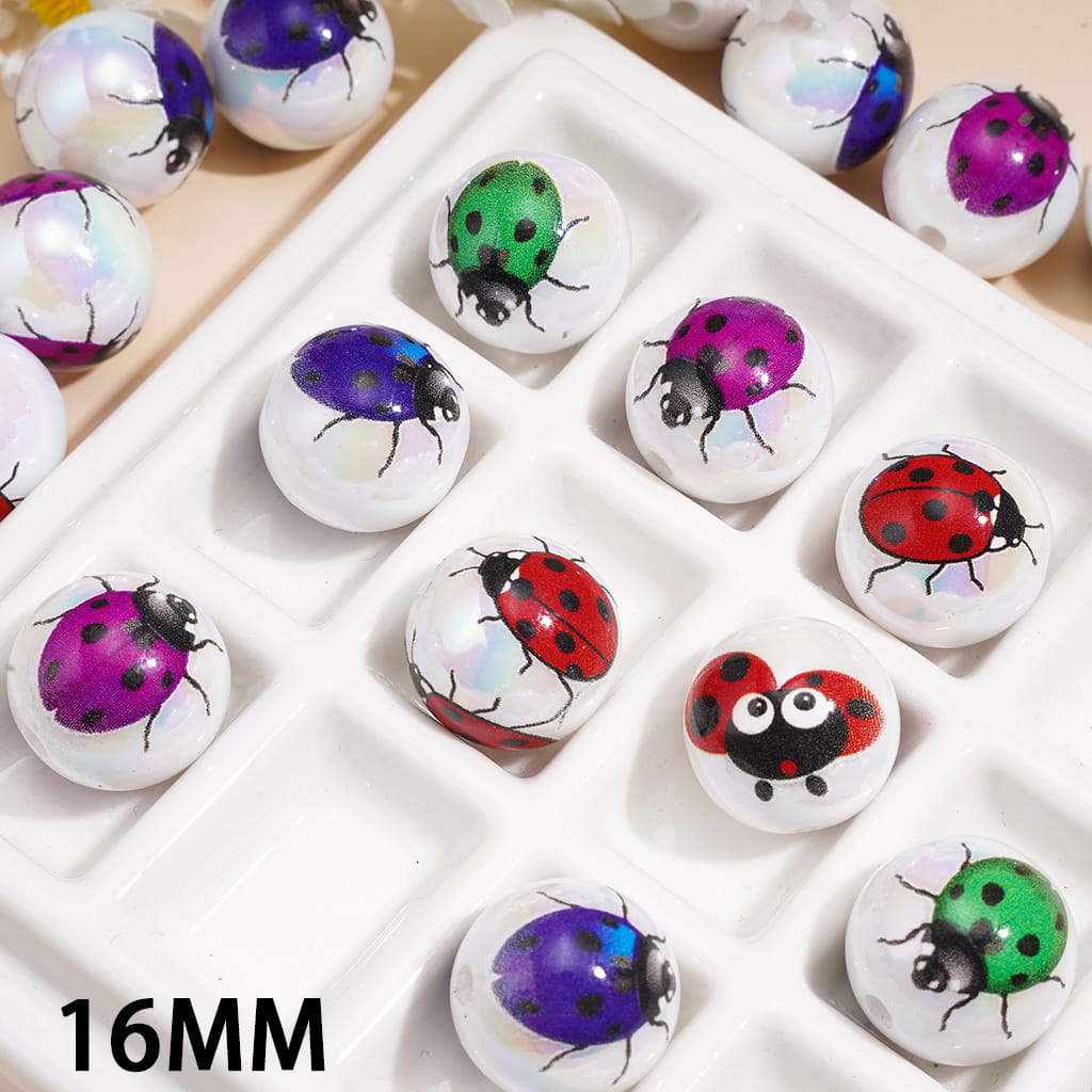 Adorable Ladybug Print Design UV Coated Glossy Round Acrylic Beads, 16MM Random Mix