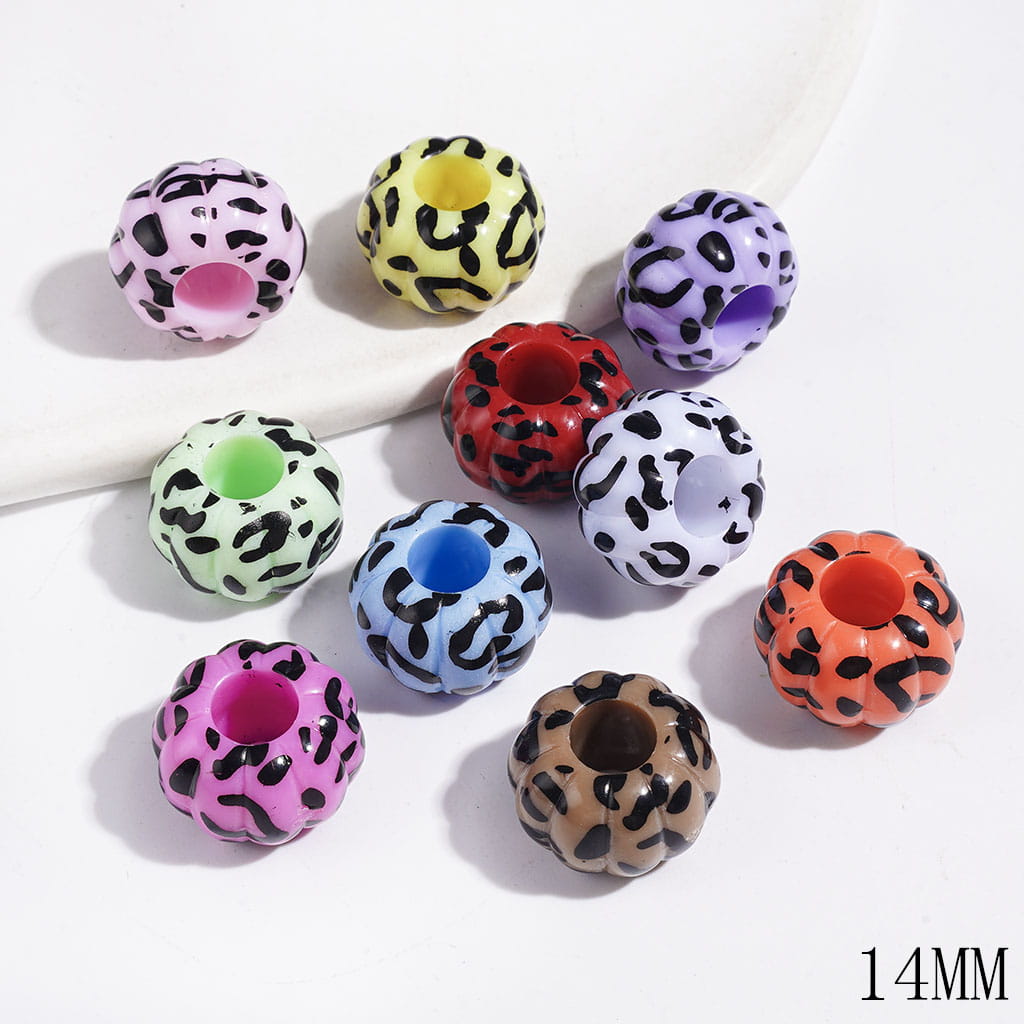 Halloweed Pumpkin with Black Jaguar Print Acrylic Beads, Big Hole Beads, 14MM, Multi-Color, Random Mix (The Hole Diameter is Around 6MM)