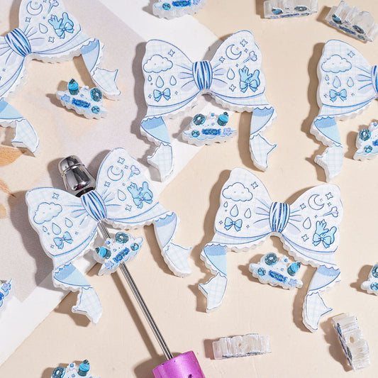 Blue Sky Ribbon Bow with Cloud, Moon & Butterfly Weather Theme Acrylic Beads, (Please Read (Description)