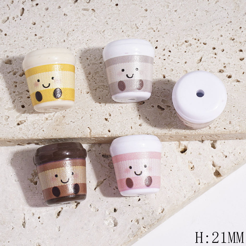 Cheerful Smiling Coffee Cup with Striped Sleeve Pattern Acrylic Beads, 21MM, Multi-Color, Random Mix