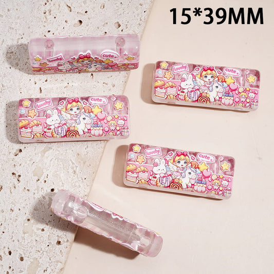 Semi-Clear Cute Kawaii Girl, Bunny & Unicorn Bunny Dessert Theme Printed Rectangle Acrylic Beads, Double Holes, 15*39MM