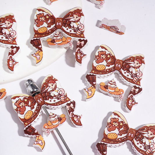 Chocolate Dessert Theme Ribbon Bow with Teddy Bear, Sweet Girl & Cupcake Piece, Acrylic Beads, (Please Read Description)