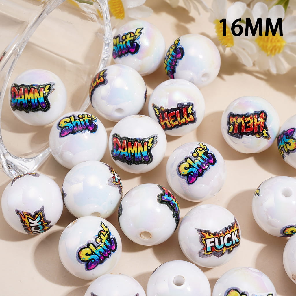 Humor Word Print Design UV Coated Glossy Round Acrylic Beads for Bracelets, 16MM Random Mix