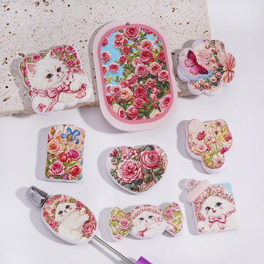 Beautiful Kitten with Rose Flower in Version Style Acrylic Beads Pendants Series Random Mix