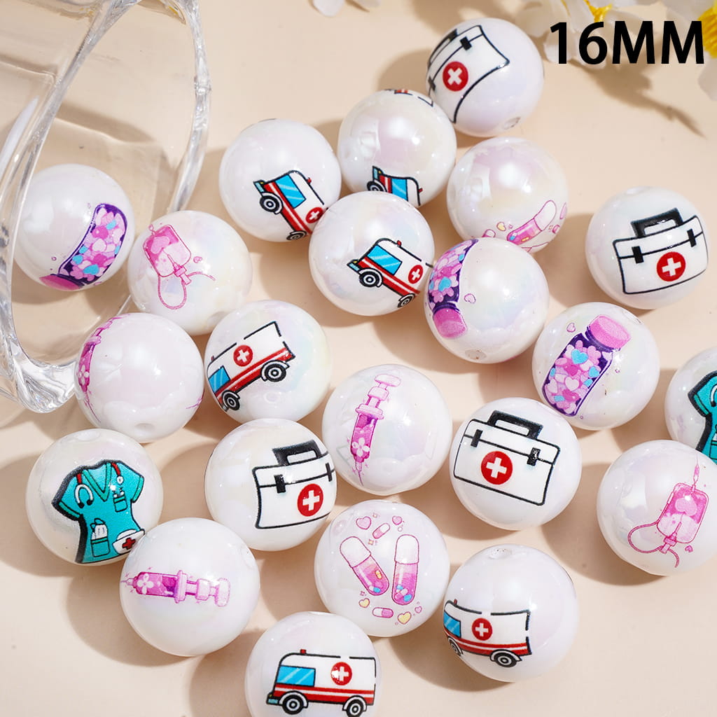 Medical Theme Series UV Coated Glossy Printed Round Acrylic Beads for Bracelet, 16MM Random Mix