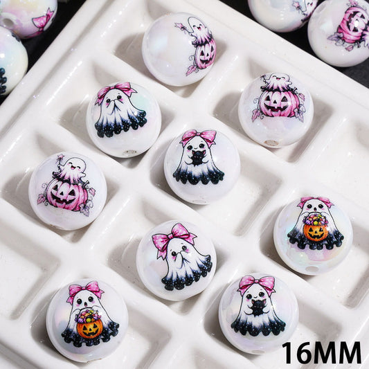 UV Coated Halloween Ghost Pumpkin Bat Pink Bow Printed White Round Acrylic Beads, 16MM, Random Mix