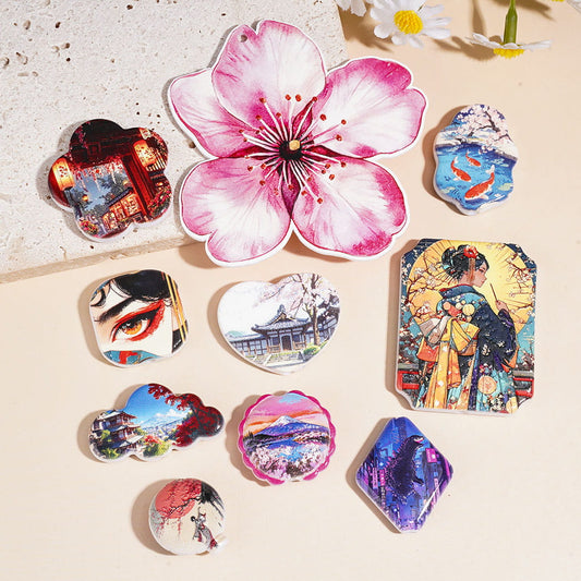 Japanese Sakura, Geisha, Temple, Mountain & Pond Theme Acrylic Pendants, Assorted Shapes, Random Mix