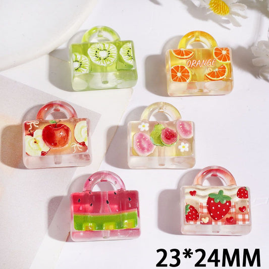 Cute Fruit Series Kiwi, Orange, Apple & Strawberry Designs Handbag Acrylic Beads, 23*24MM, Transparent, Random Mix