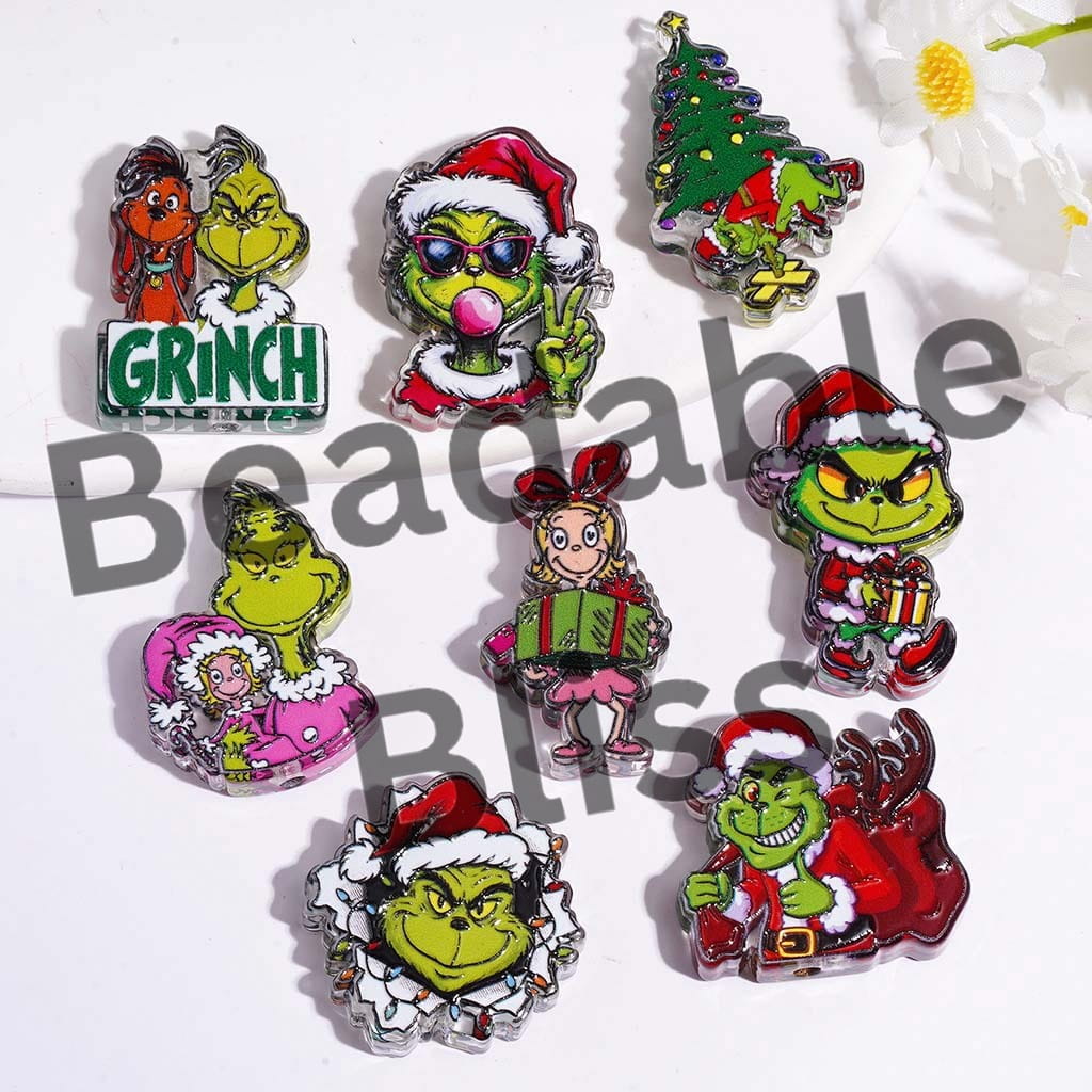 Funny Christmas Green Character Series Acrylic Beads, Semi-Clear, Random Mix