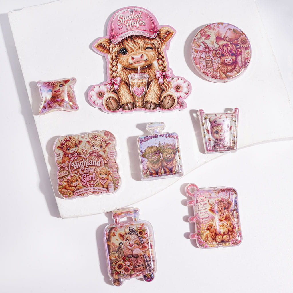 Acrylic Beads and Pendants Highland Cattle in Western Cowboys Series, UV Finish, Pink Brown Style, Random Mix