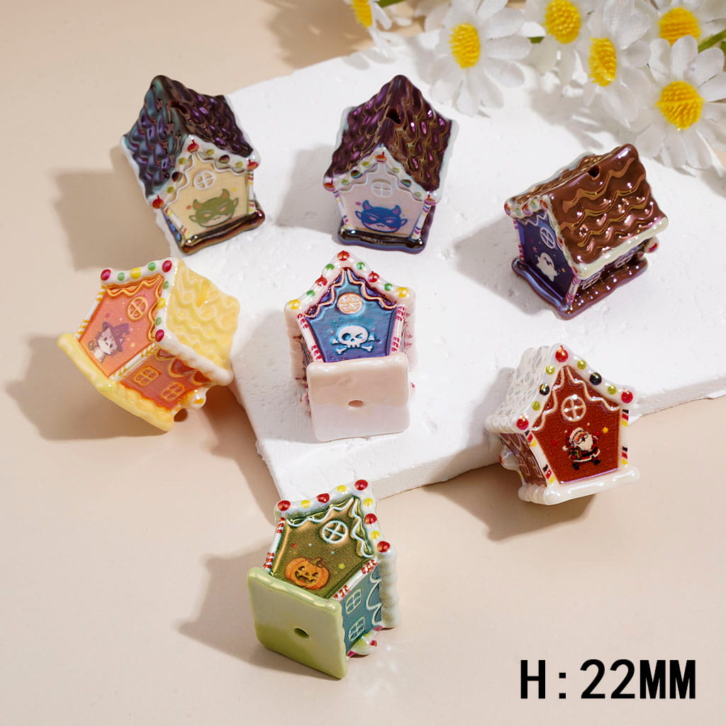 Cute Gingerbread Mini House Design with Halloween & Festive Character Prints, Glossy Finish Acrylic Beads, Height 22MM, Random Mix