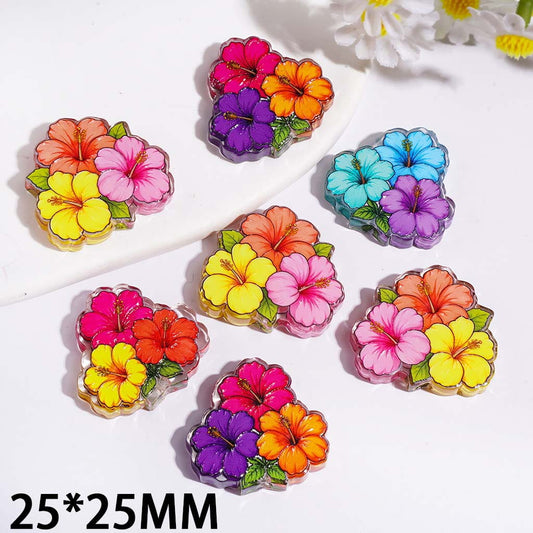 Colorful Hibiscus Three-Flower Series Semi-Clear Acrylic Beads, 25*25MM Random Mix