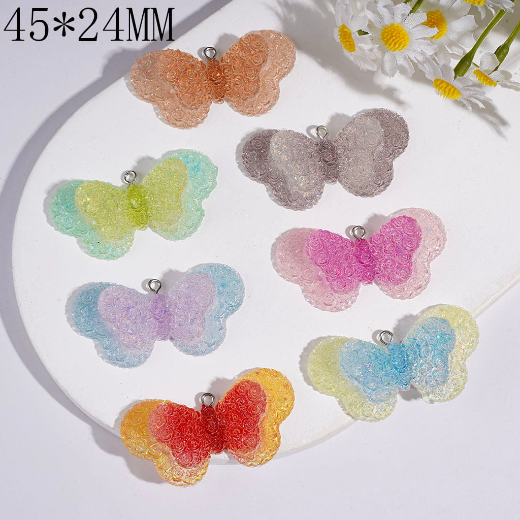 Double Layer Butterfly with Matte Frosted Rose Flower & Gold Foil Paper Acrylic Pendants, 45*24MM, Multi-Colors, Random Mix