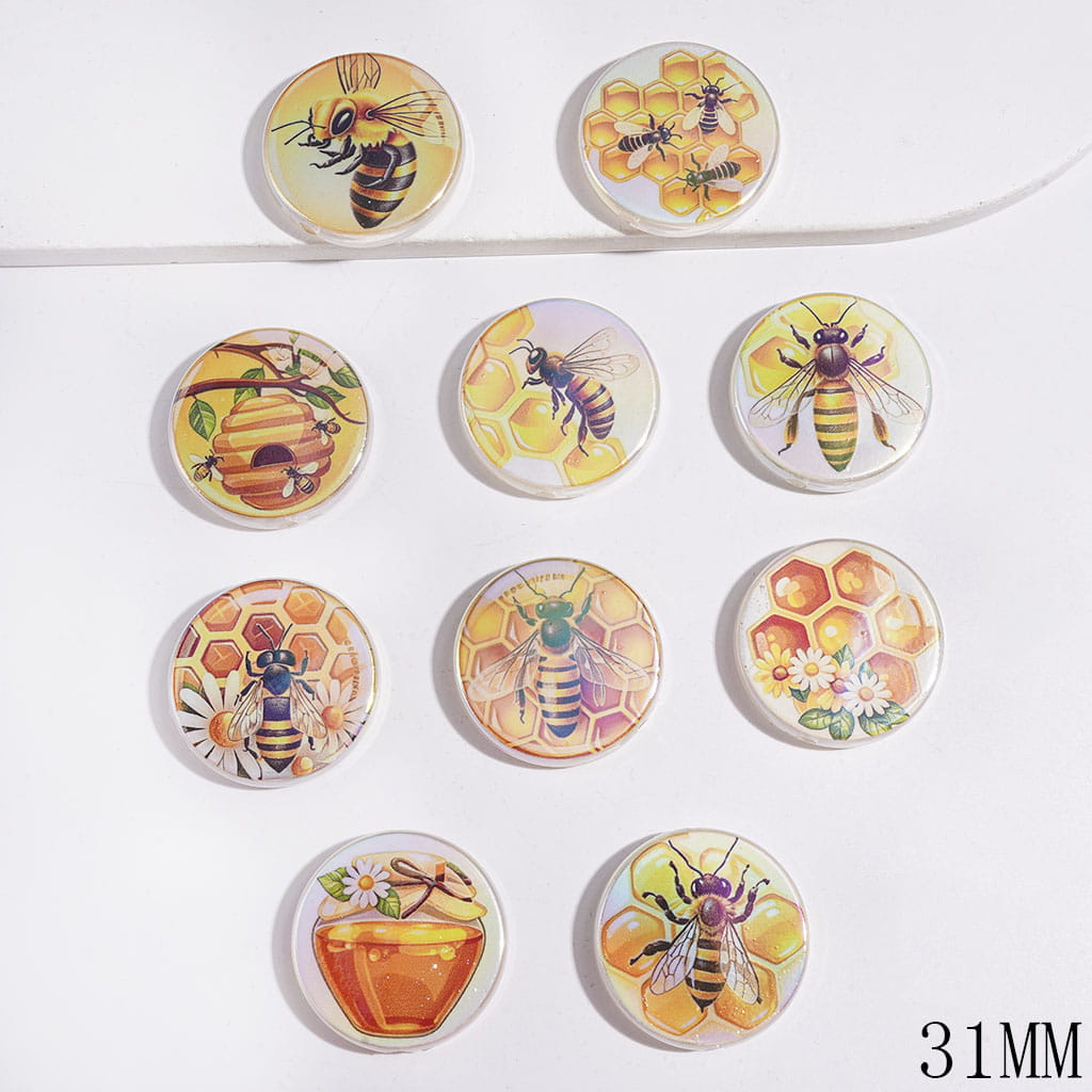UV-Finish Sweet Honeybee, Honeycomb and Honey Pot Pattern Flat Round Acrylic Beads, 31MM, Random Mix