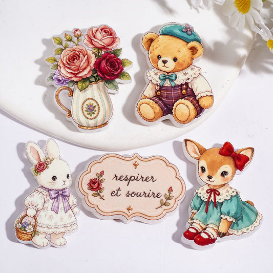 Charming Woodland Animal Series Acrylic Beads with Bear, Rabbit & Deer, Vase and Signboard Details, Variant Designs, Random Mix