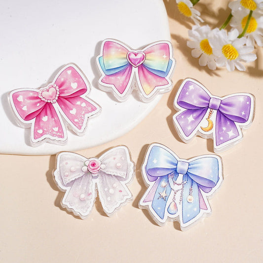 Multi-Color Adorable Bow Ribbon Series with Sparkle, Rose Flower & Heart Accents, Acrylic Beads, Random Mix