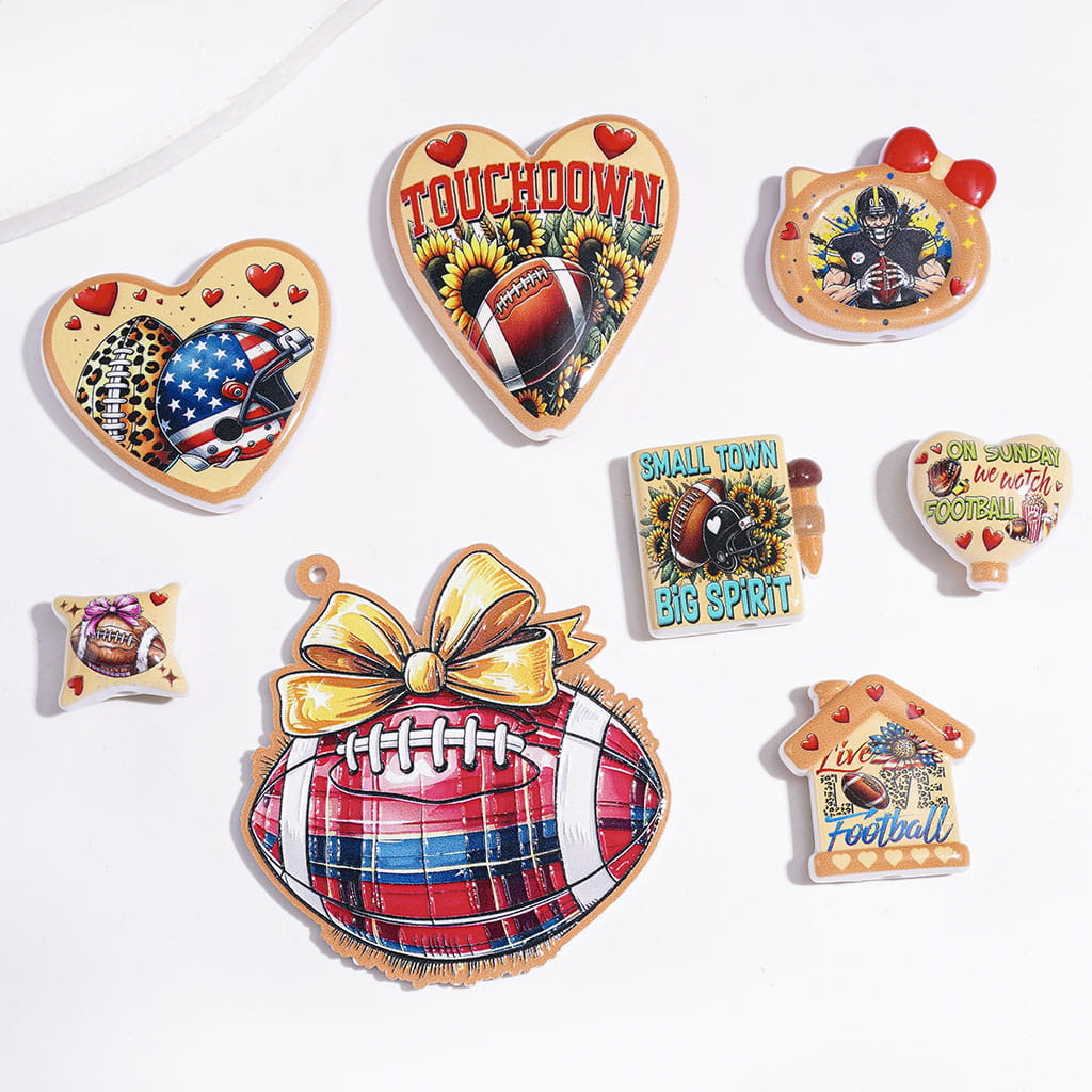 Dynamic American Football Sports Designs Series Acrylic Beads and Pendants, Random Mix