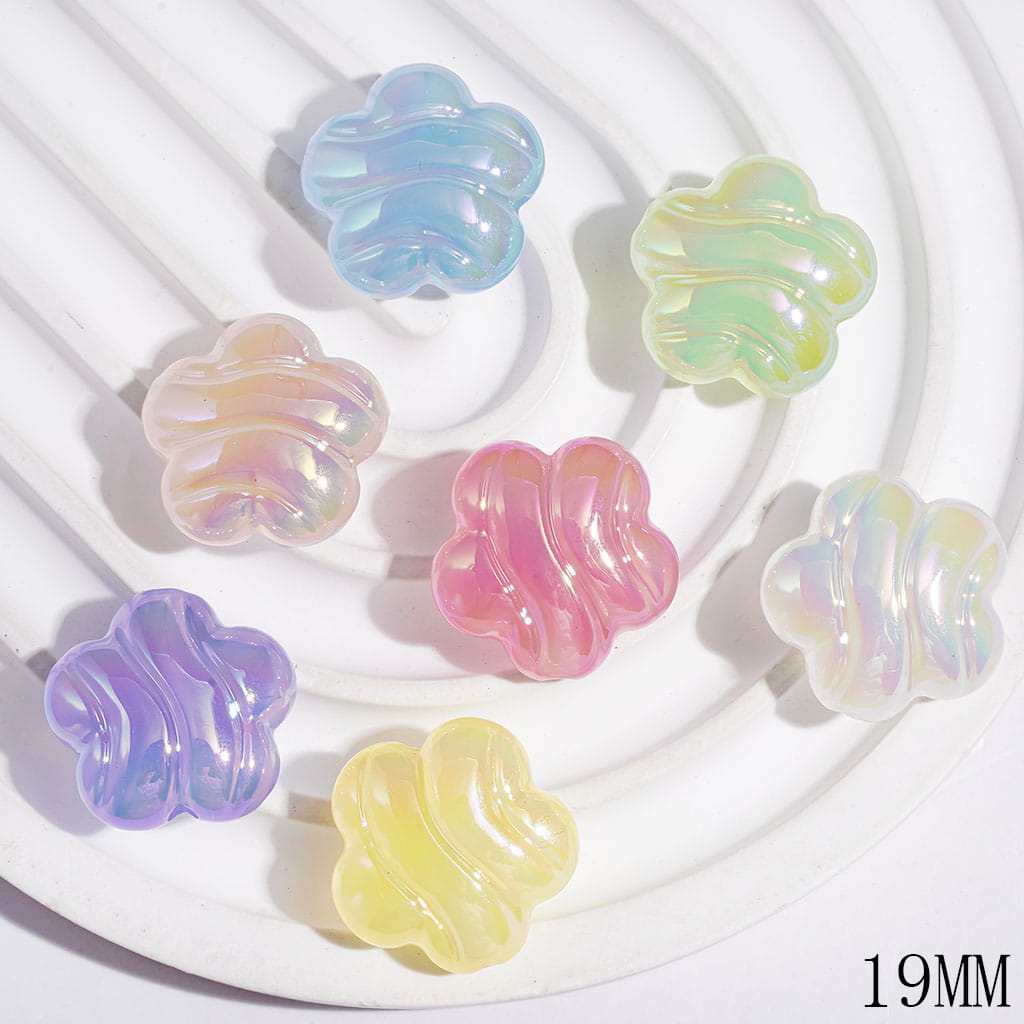 Acrylic Beads UV-Coated Five-Petaled Flower with Wavy Lines, 19MM, Semi-Clear Jelly Colors, Random Mix