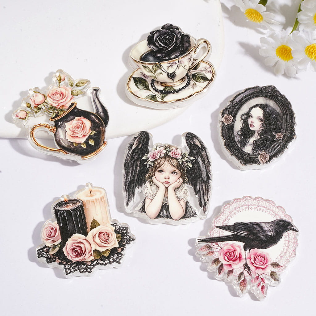 Acrylic Beads Dark Romantic Series with Angel Girl Teapot Rose Flower Crow Portrait Candlestick, Random Mix