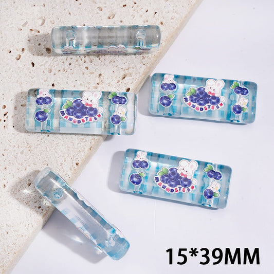 Semi-Clear, Cute Blueberry Bunny Theme Printed Rectangle Acrylic Beads, Double Holes, 15*39MM